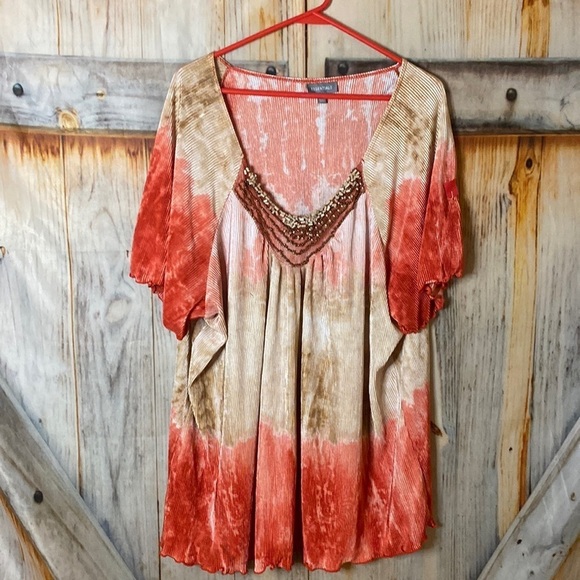 Essentials Silky Stretchy Pleated Embellished Short Sleeve Ombre Blouse - Picture 1 of 5